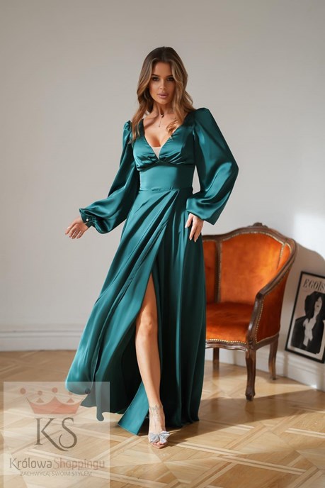 Sukienka długa rękaw pas satyna butelkowa zieleń