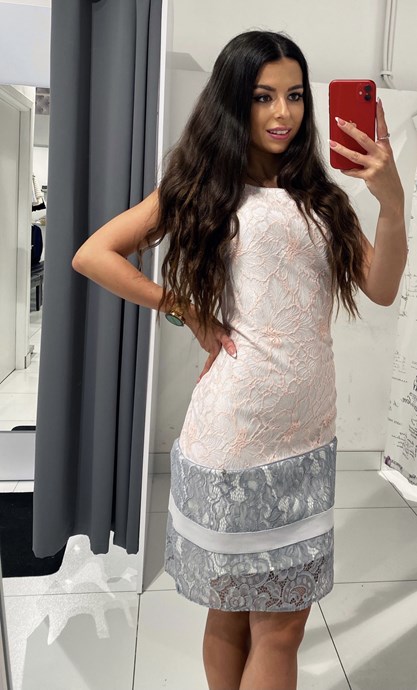 Sukienka krótka koronka dół z brokatem róż/ szary