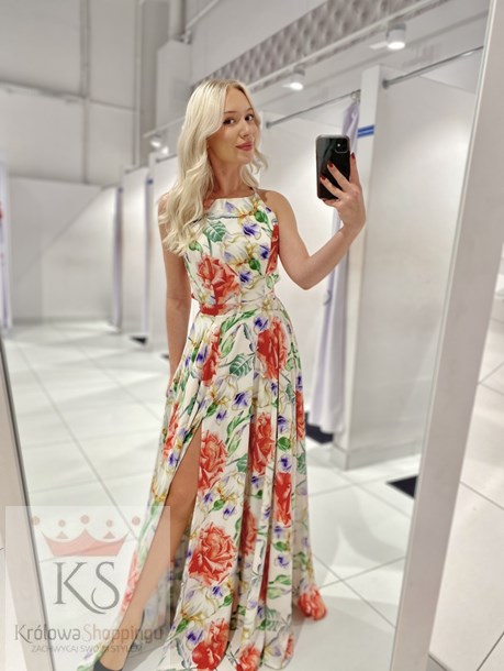 Sukienka długa kolorowe kwiaty krzyż plecy