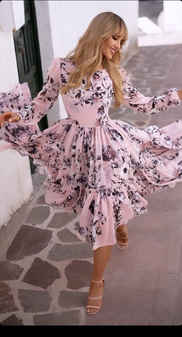 Sukienka midi długi rękaw kwiaty róż