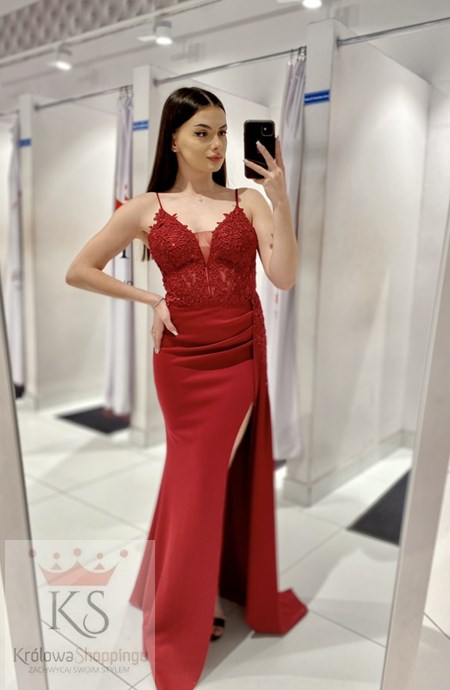 Sukienka długa rybka haft bordo