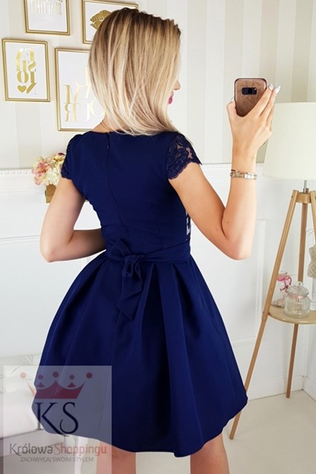 Sukienka krótka krótki rękawek dekolt granat/róż
