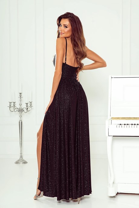 Sukienka długa ramiączka brokat rozcięcie czerń