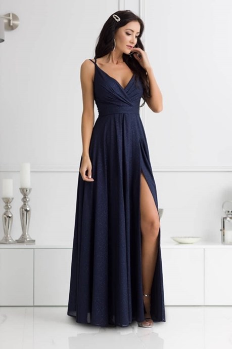 Sukienka długa na ramiączkach brokat granat