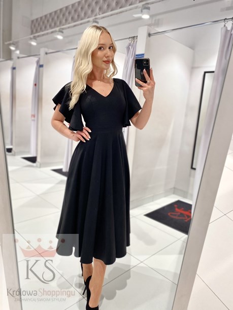 Sukienka midi falbana rękaw brokat czerń