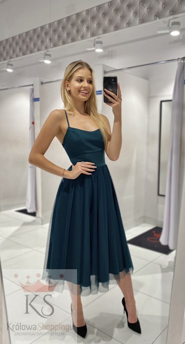 Sukienka midi ramiączka wiązanie tiul zieleń