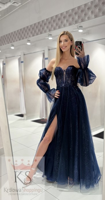 Sukienka długa gorset wiązanie rękawki granat