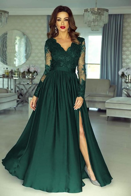 Sukienka długa koronkowy rękaw zieleń