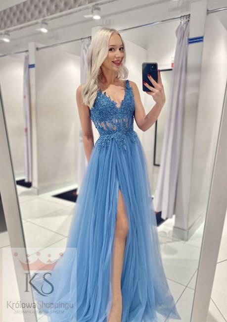 Sukienka długa tiulowa gorset koronka błękit