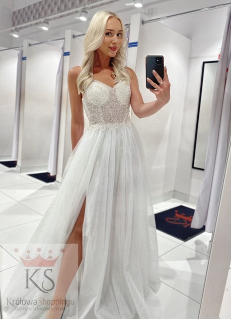 Sukienka długa tiul dekolt cekiny ramiączka biel