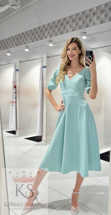 Sukienka midi rękawek 3/4 pas wiązanie pistacja