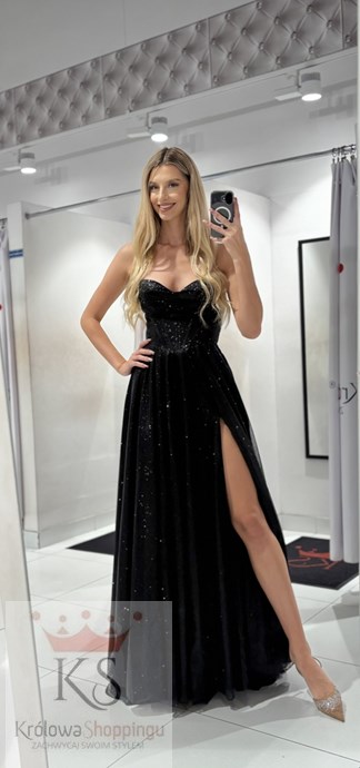 Sukienka długa gorset wiązanie plecy brokat czerń