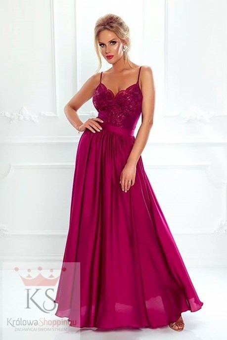 Sukienka długa ramiączka koronka bordo