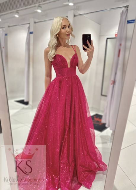 Sukienka długa wiązane plecy gorset brokat fuksja