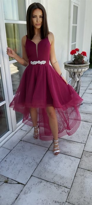 Sukienka asymetryczna ramiączka dekolt bordo