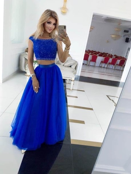 Sukienka długa dwuczęściowa zdobiona góra chaber