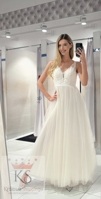 Sukienka długa haft na gorsecie tiul biel