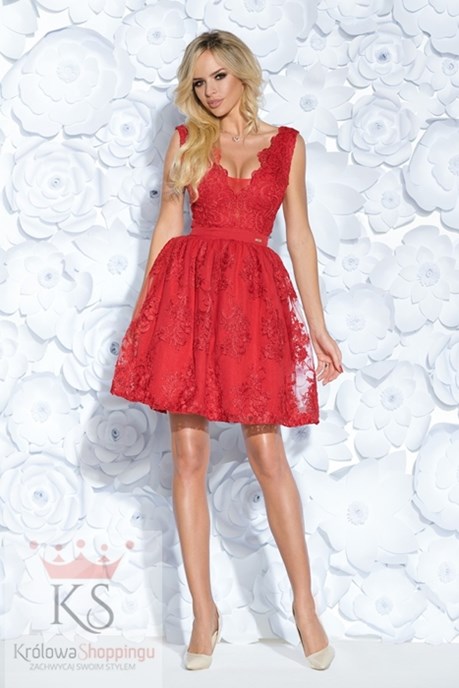 Sukienka krótka koronka bombka czerwony
