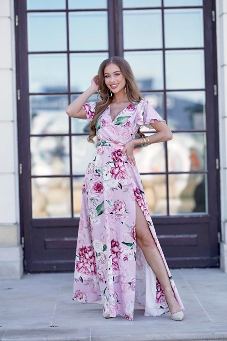 Sukienka długa rękawki dekolt kwiaty róż