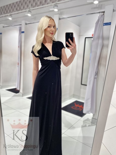 Sukienka długa marszczenie z klamrą brokat czerń