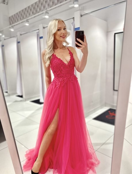 Sukienka długa tiul koronka wiązanie magenta