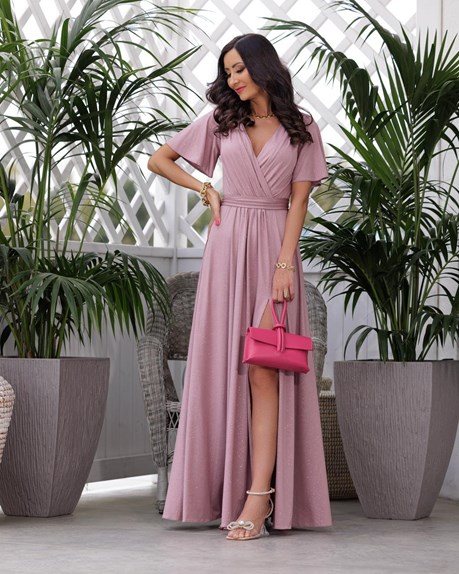 Sukienka długa rękawki brokat róż