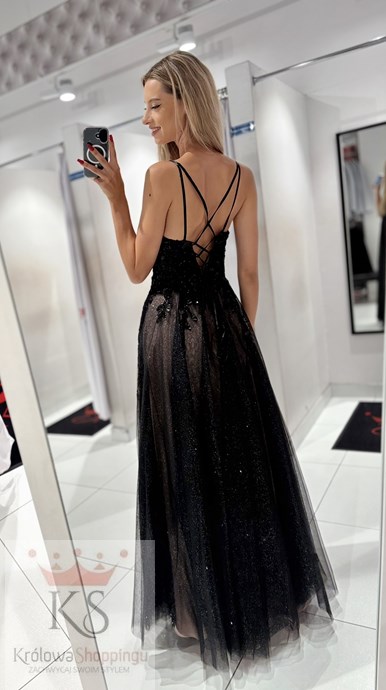 Sukienka długa gorset zdobienie tiul krem/czerń