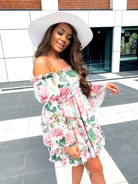 Sukienka hiszpanka kwiaty turkus pudrowy róż