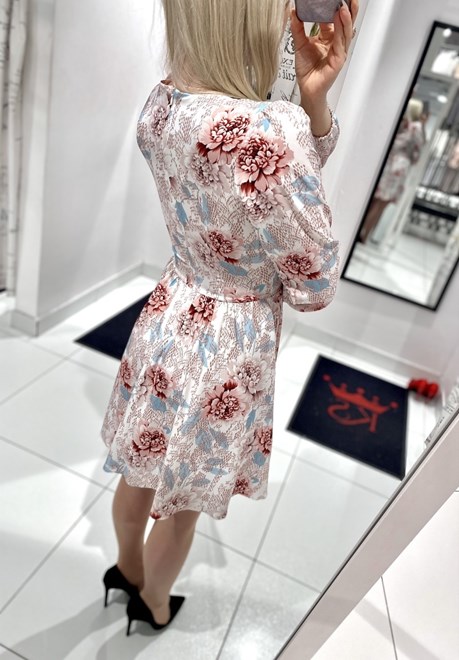 Sukienka krótka odcinana długi rękaw kwiaty krem