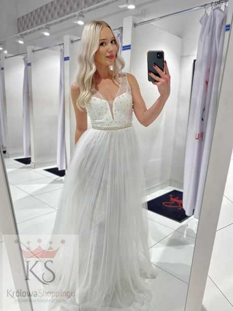 Sukienka długa tiulowa ozdobna góra biały