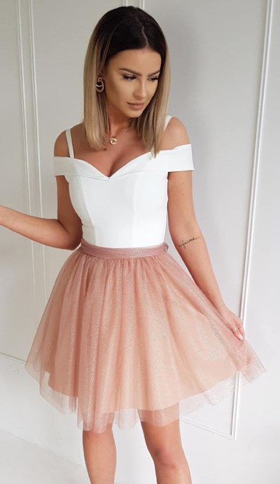 Sukienka krótka opadające ramiona brokat łosoś