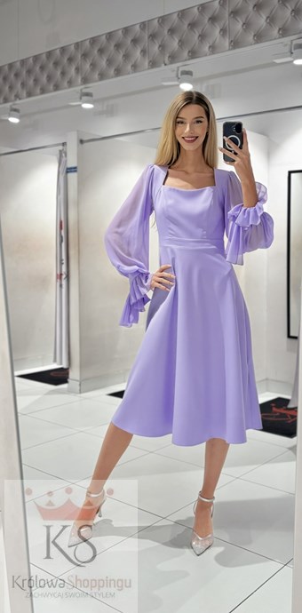 Sukienka midi długi rękaw wiązanie kokarda lawenda