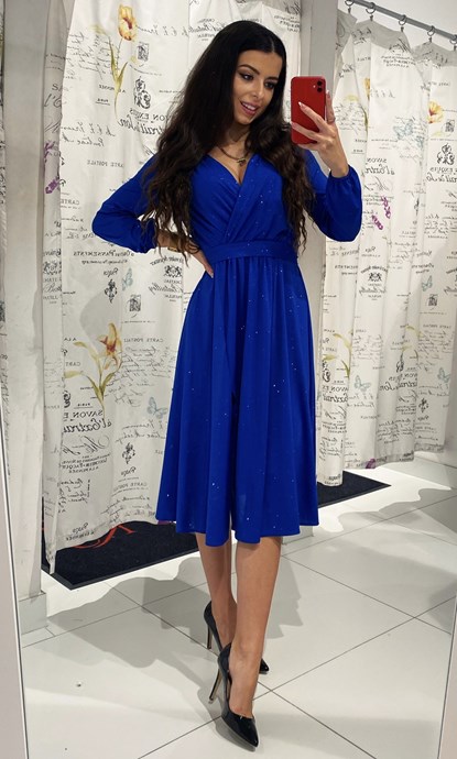 Sukienka midi brokat na długi rękaw chabrowy