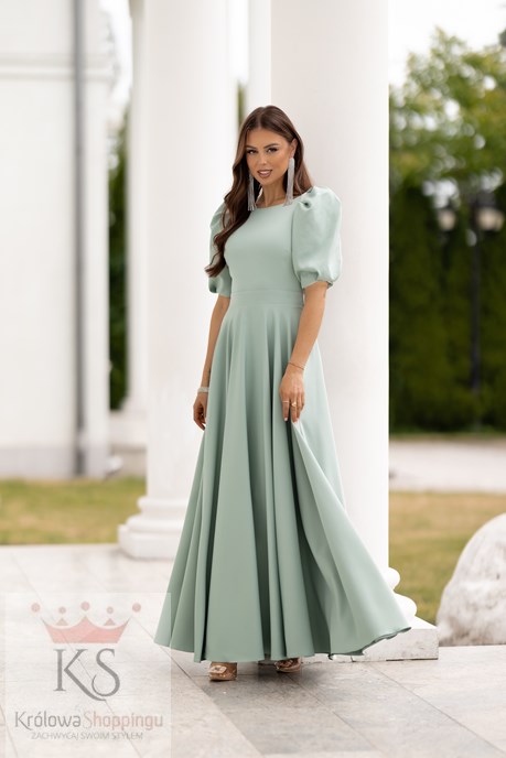 Sukienka długa 3/4 rękawek wiązanie plecy szałwia