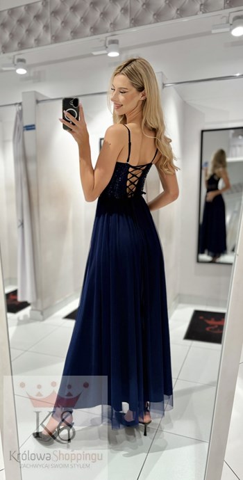 Sukienka długa tiulowa wiązany tył cekiny granat