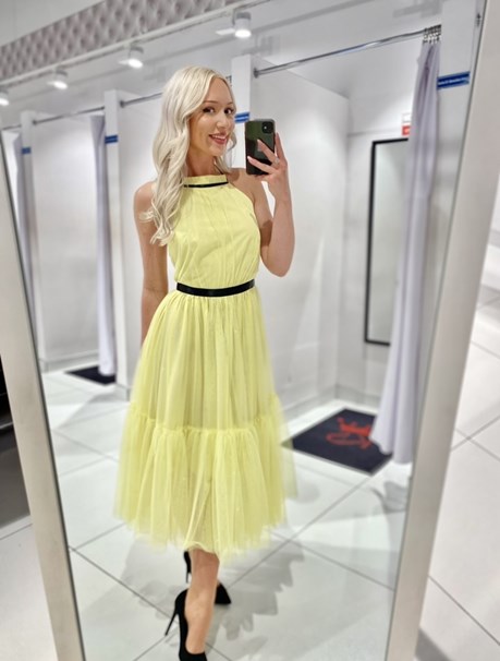 Sukienka midi tiul odkryte plecy brokat żółta