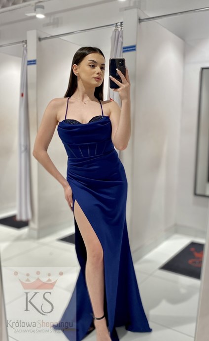 Sukienka długa dopasowana wiązanie gorset granat