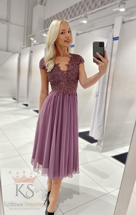 Sukienka midi góra koronka cekiny fiolet