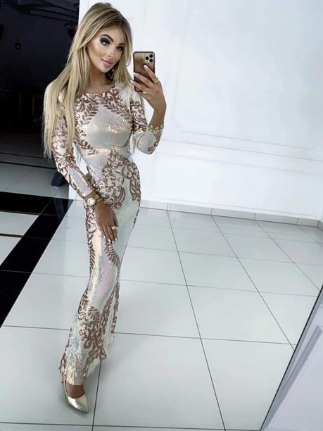 Sukienka długa rybka dopasowana wzory cekin beż