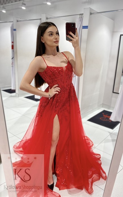 Sukienka długa gorset brokat tren czerwień