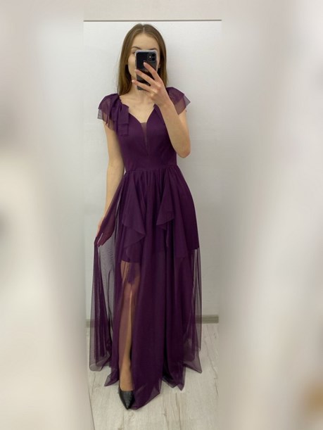 Sukienka długa tiul rękawek połysk fiolet