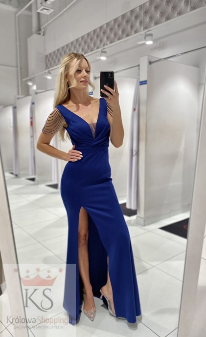 Sukienka długa drapowany dekolt koraliki granat