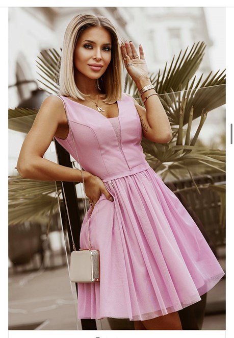 Sukienka krótka dekolt brokat tiul róż