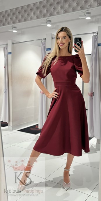 Sukienka midi 3/4 rękawek wiązanie plecy bordo