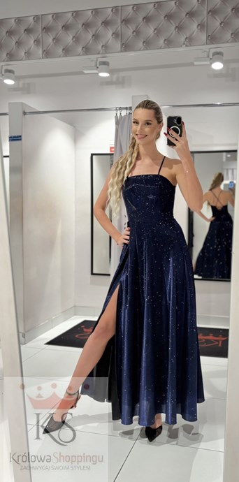 Sukienka długa brokatowa wiązany tył granat