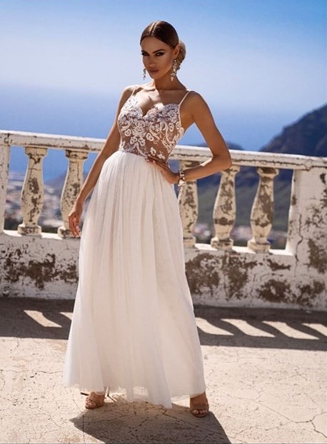 Sukienka długa ramiączka koronka tiul biel/brąz