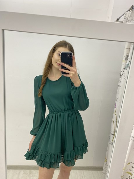 Sukienka krótka rękaw falbanki butelka zieleń