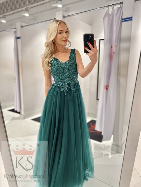 Sukienka długa tiulowa dekolt zielony