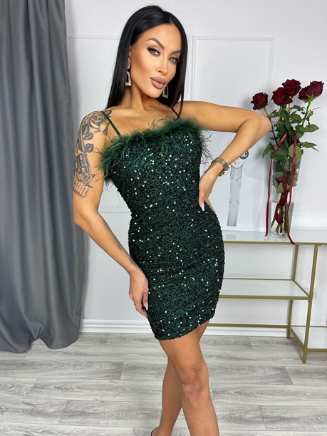 Sukienka krótka dopasowana cekiny piórka zieleń