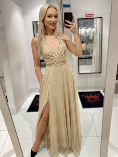 Sukienka długa na ramiączkach tiul brokat beż